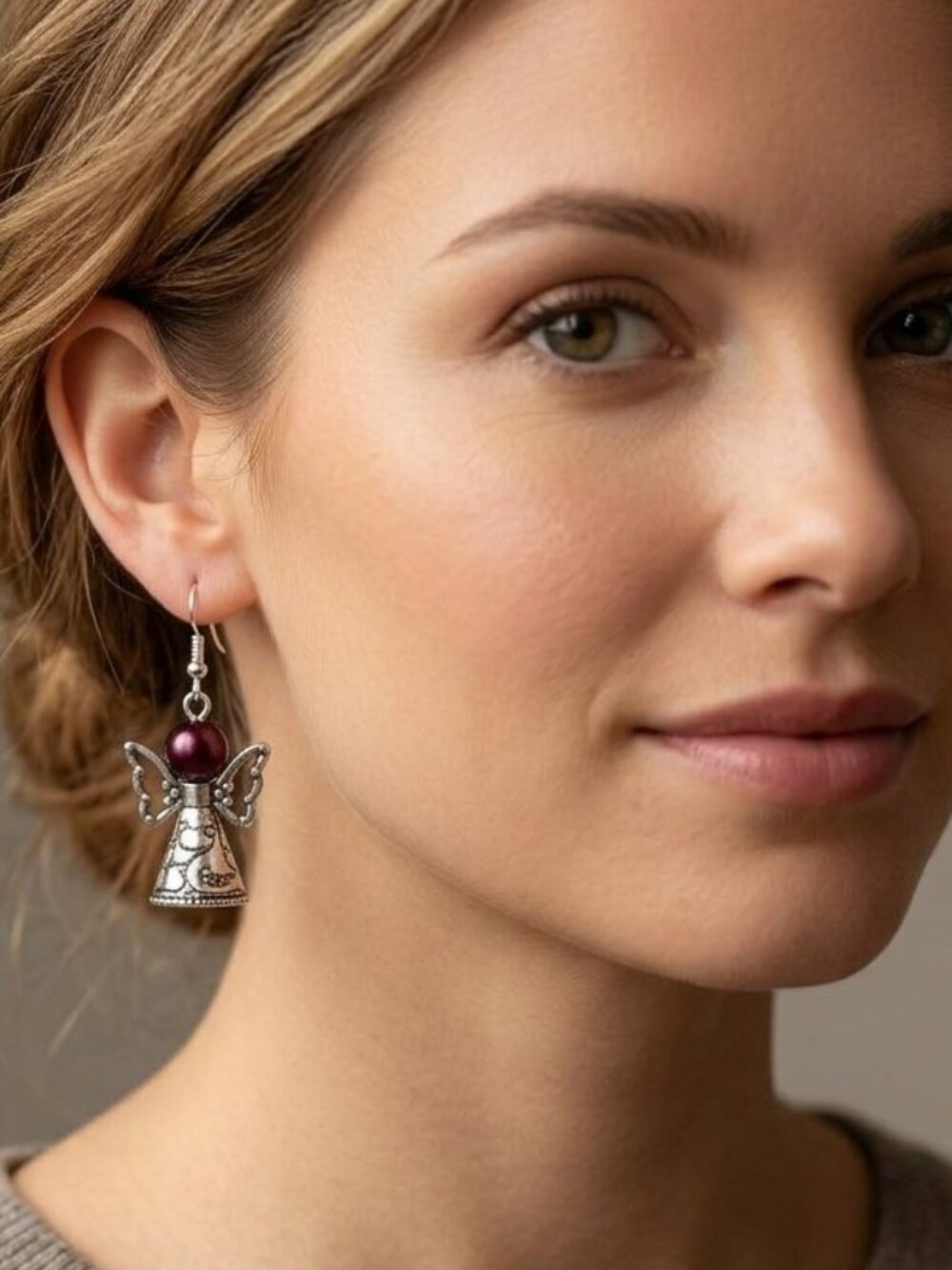 Angel Earrings Pierced Silver Burgundy